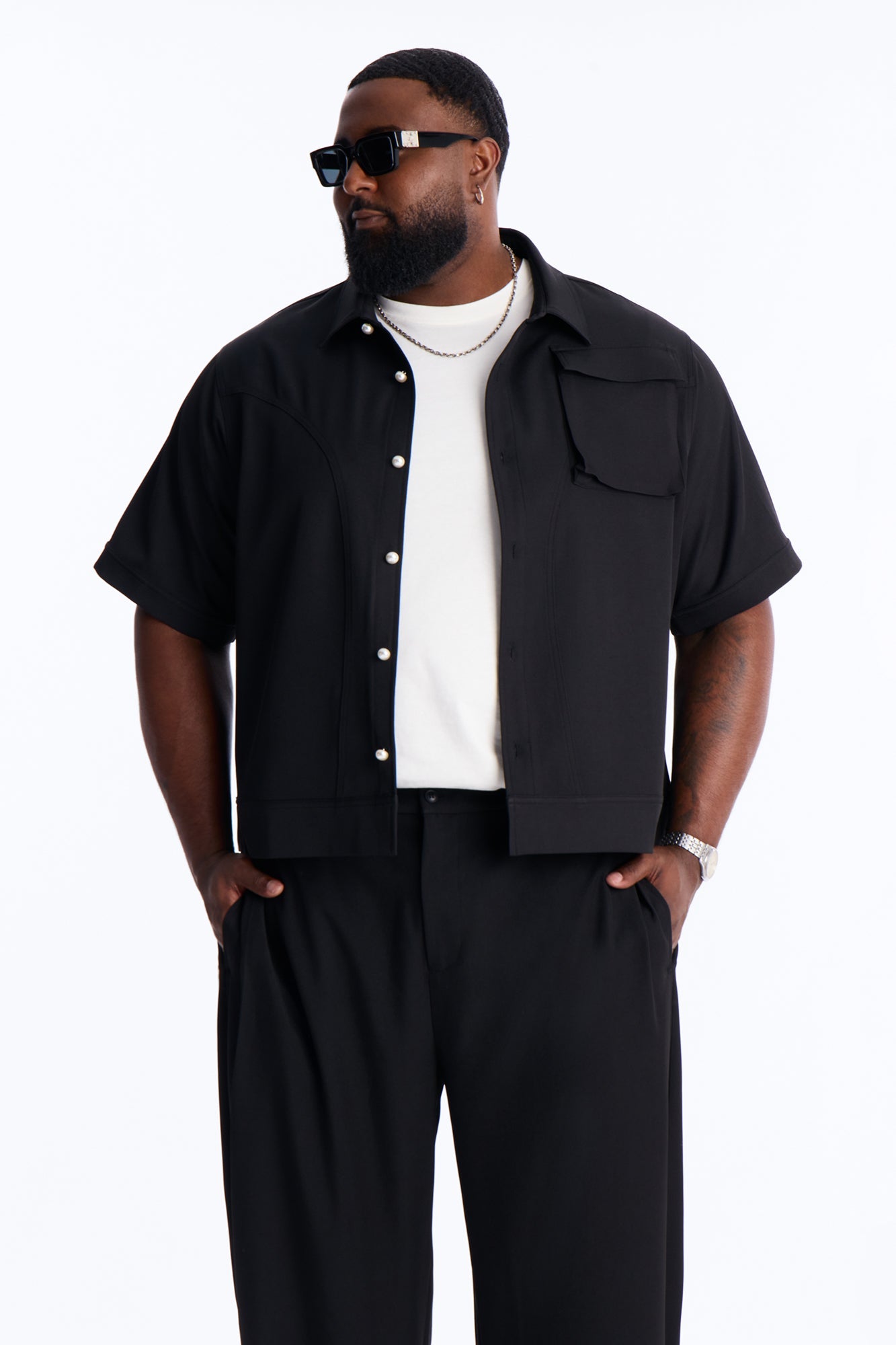 Pearl Paneled Utility Button Up Shirt - Black Fashion Nova