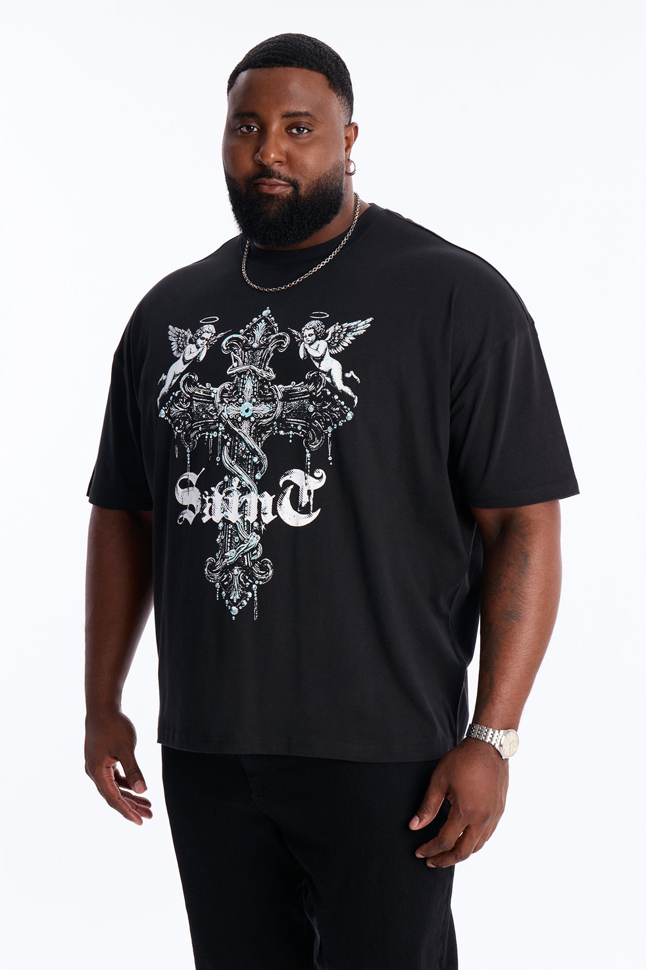 Saints Protect Me Oversized Short Sleeve Tee - Black Fashion Nova
