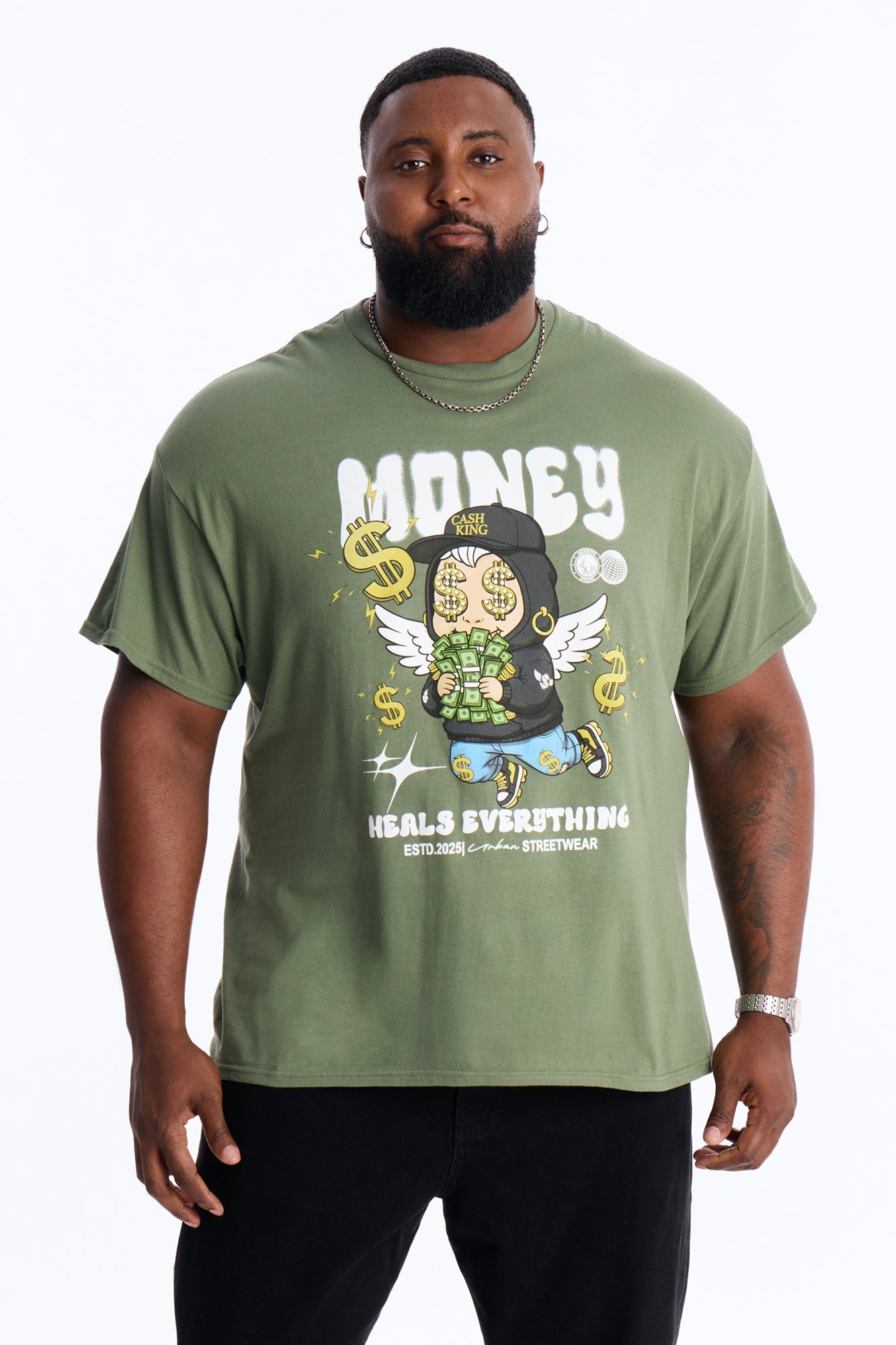 Money Heals Everything Short Sleeve Tee - Olive Fashion Nova