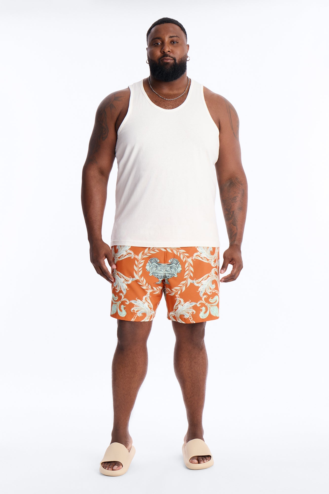 Interlinked Chain Baroque Swim Trunk 7″ - Orange Fashion Nova