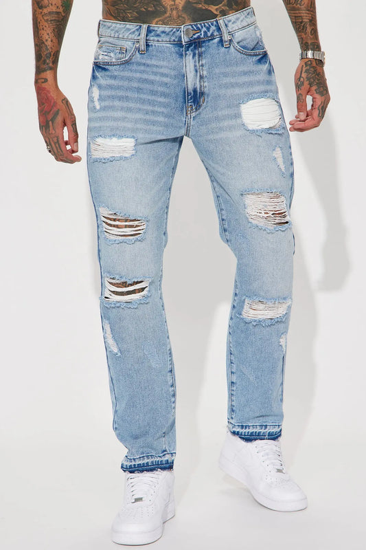 The Individual Ripped Straight Jeans - Medium Blue Wash Fashion Nova