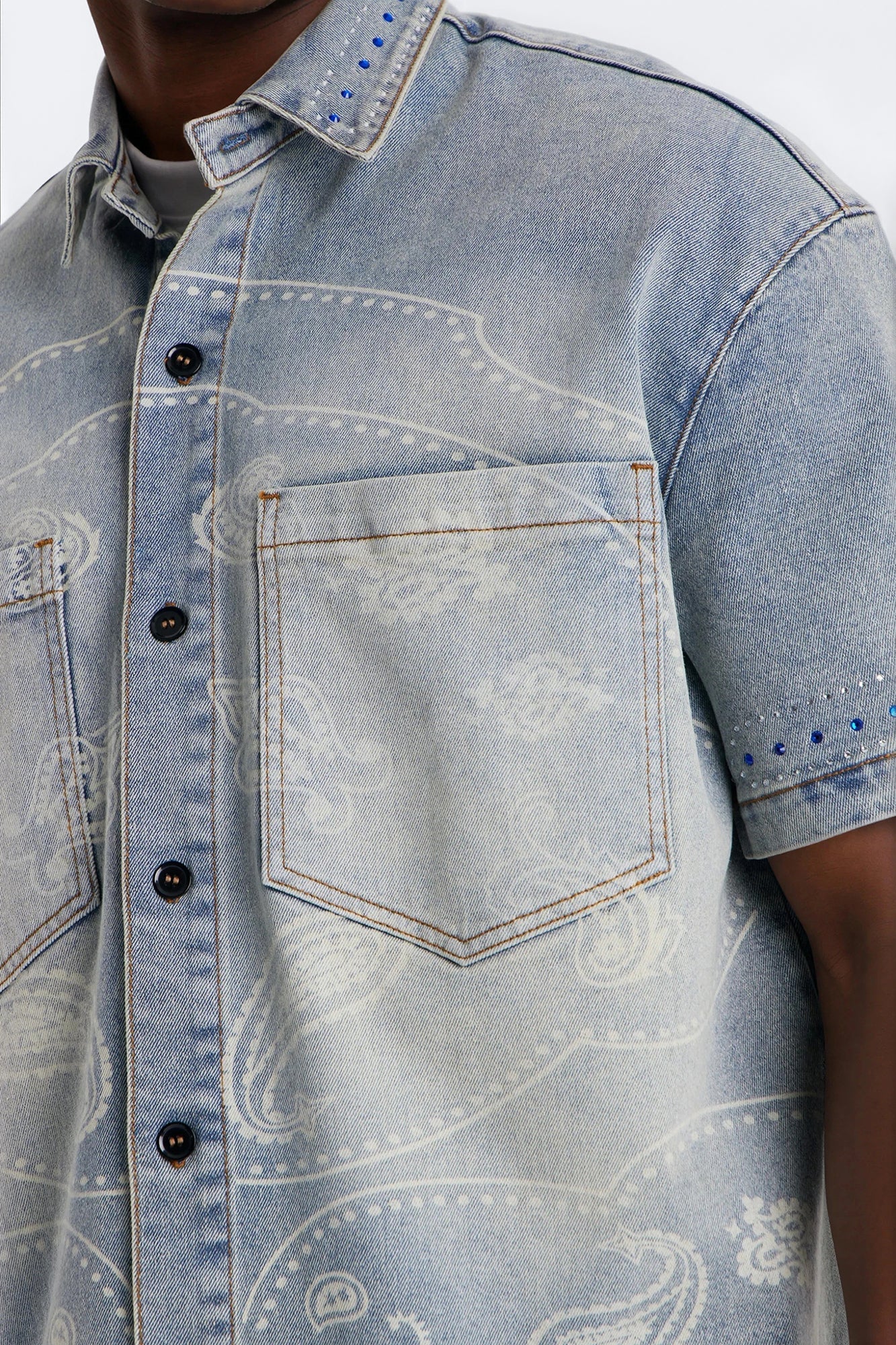 Rhinestone Bandana Boxy Denim Button Up Shirt - Light Blue Wash Fashion Nova