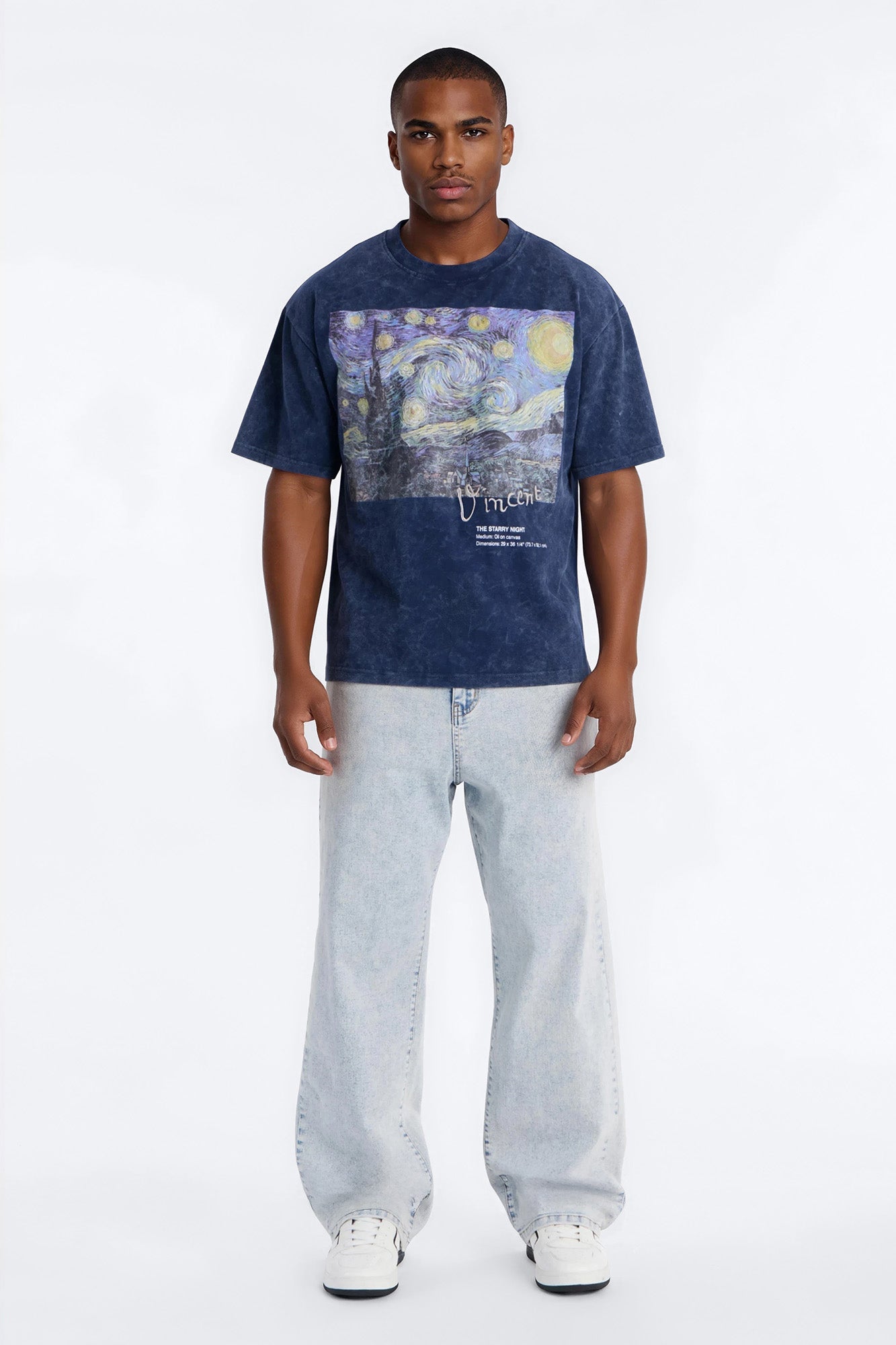 Vincent Van Gogh Starry Night Embroidered Mineral Wash Fleece Tee - Navy Fashion Nova