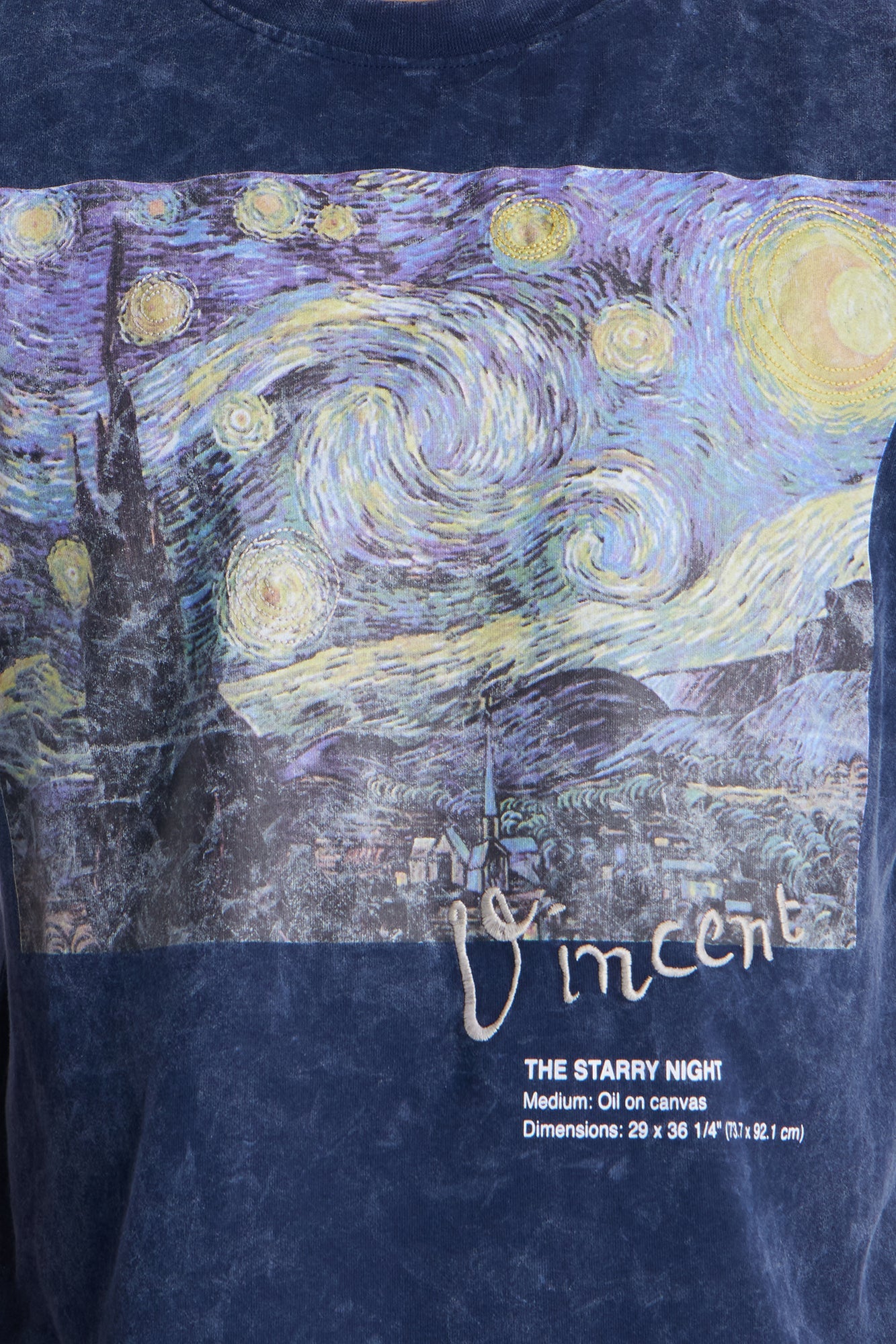 Vincent Van Gogh Starry Night Embroidered Mineral Wash Fleece Tee - Navy Fashion Nova
