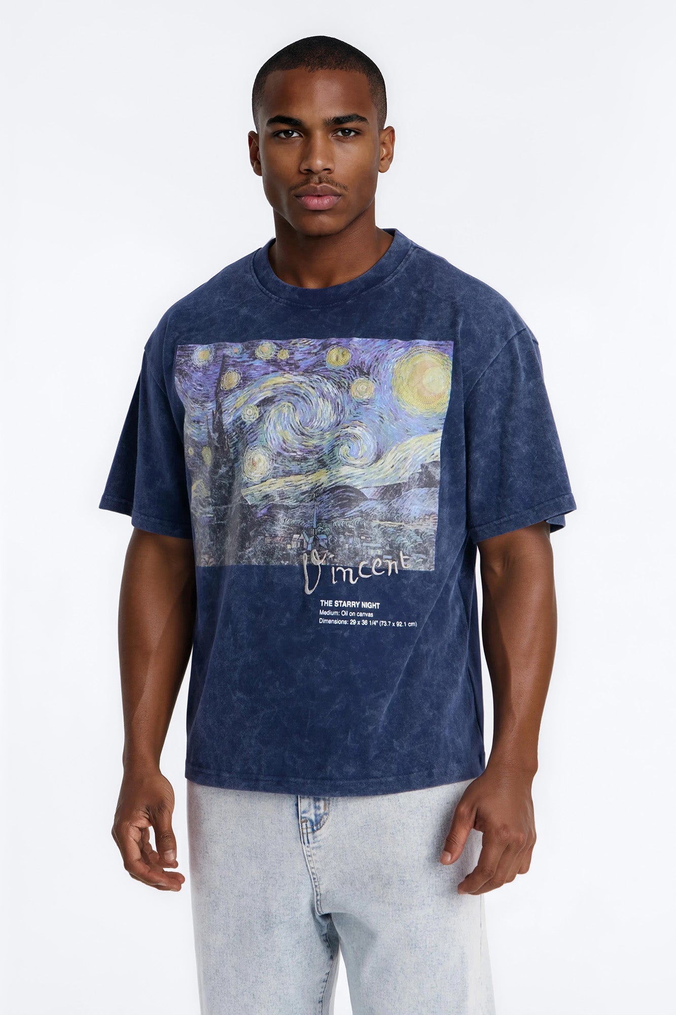 Vincent Van Gogh Starry Night Embroidered Mineral Wash Fleece Tee - Navy Fashion Nova