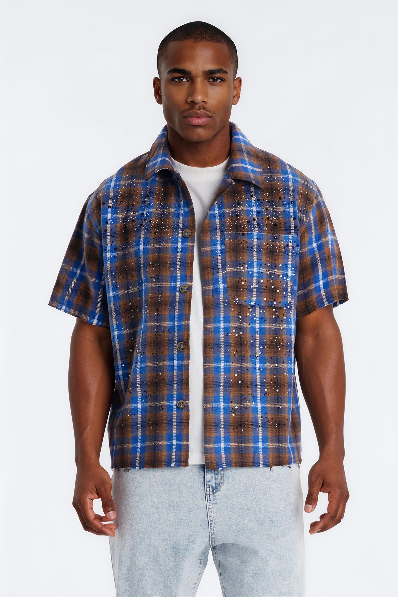 Jeweled Plaid Raw Hem Button Up Shirt - Blue Fashion Nova