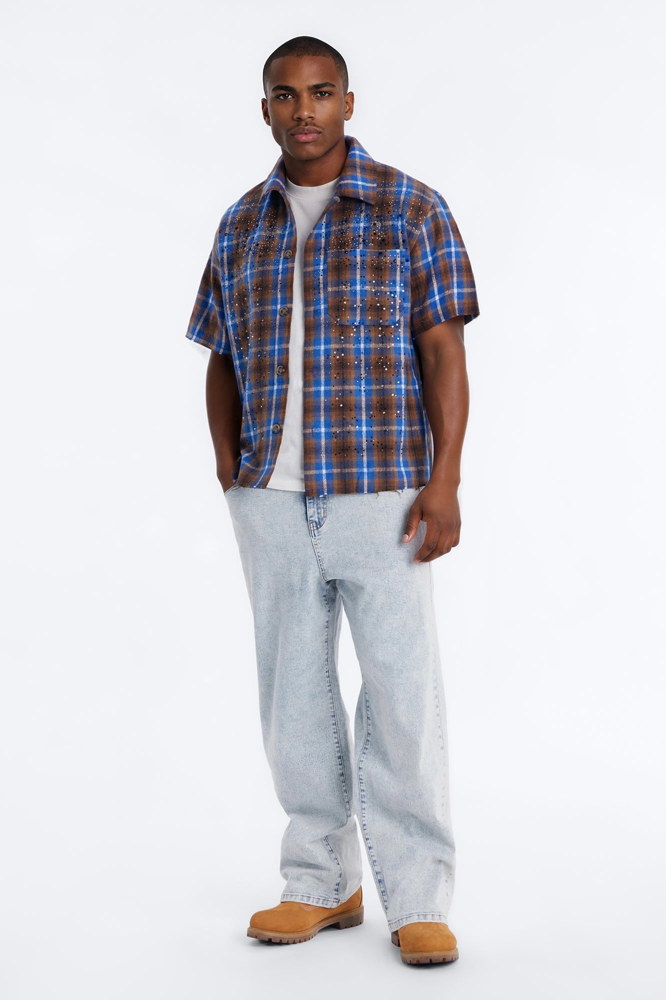 Jeweled Plaid Raw Hem Button Up Shirt - Blue Fashion Nova