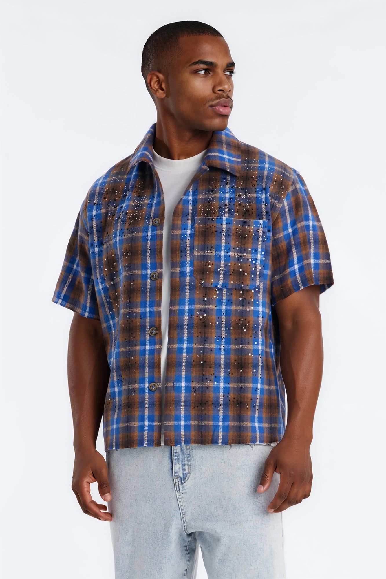 Jeweled Plaid Raw Hem Button Up Shirt - Blue Fashion Nova