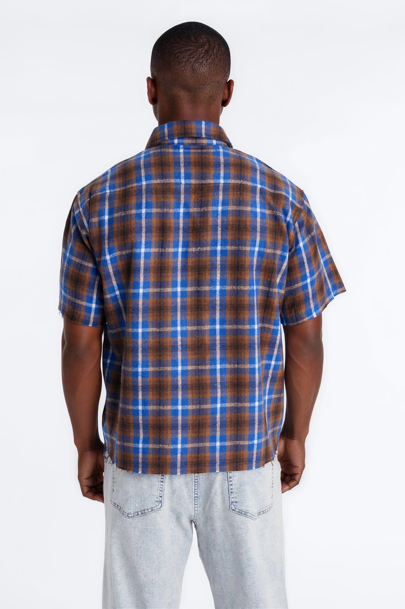 Jeweled Plaid Raw Hem Button Up Shirt - Blue Fashion Nova