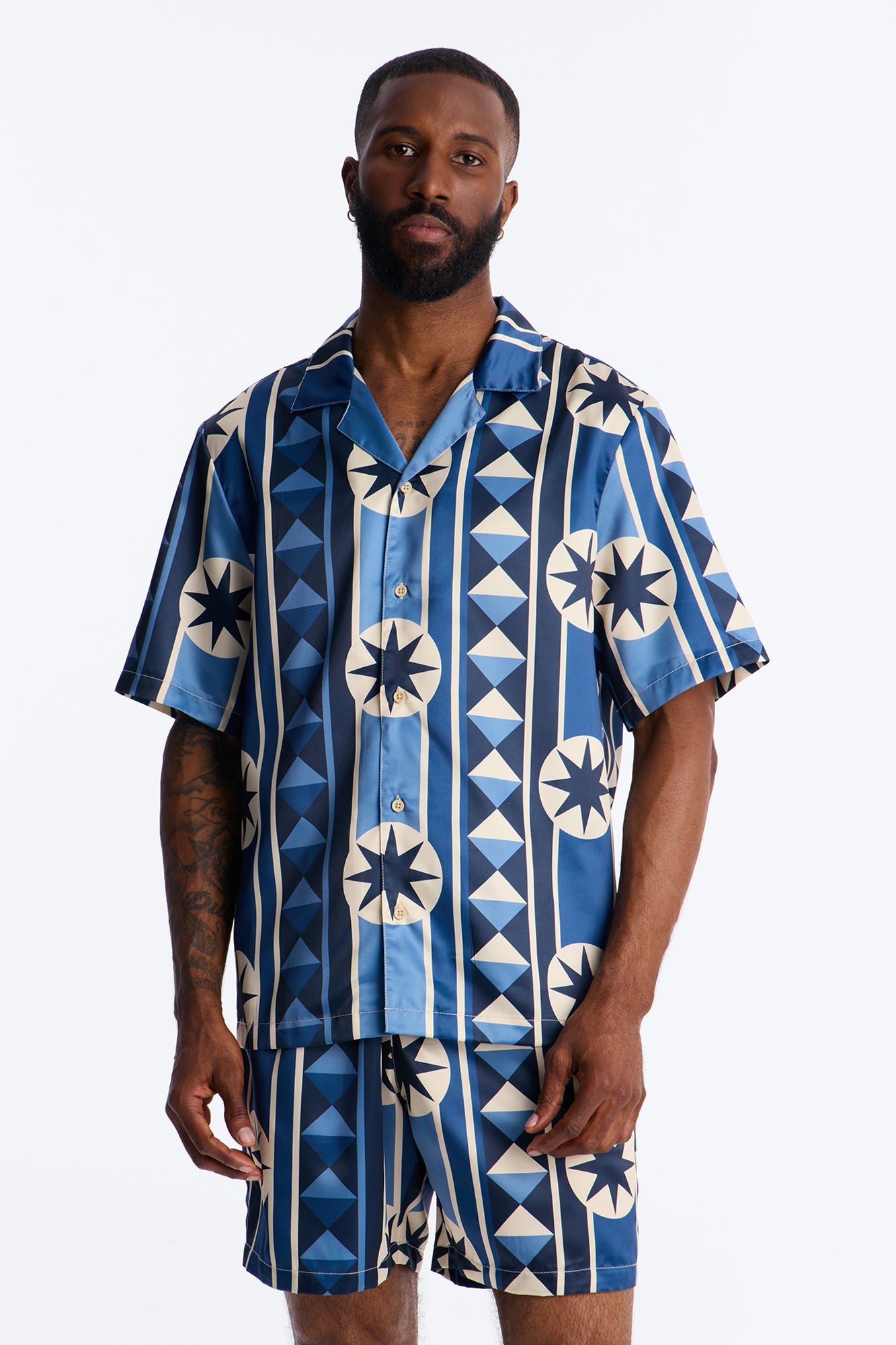 Toscana Geo Cuban Collar Shirt - Blue Fashion Nova
