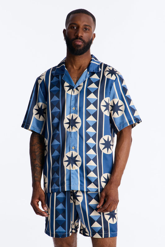 Toscana Geo Cuban Collar Shirt - Blue Fashion Nova