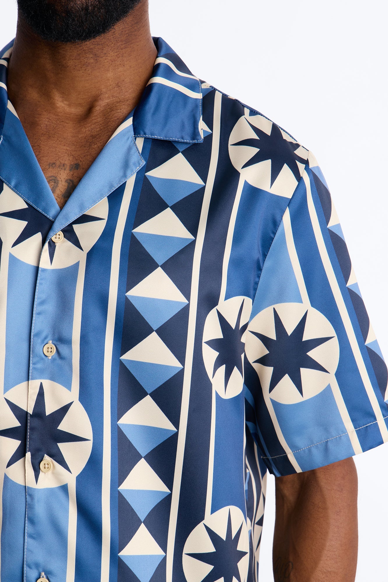 Toscana Geo Cuban Collar Shirt - Blue Fashion Nova