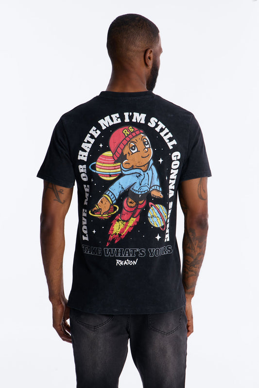 Cosmic Boy Still Gonna Shine Embroidery Vintage Short Sleeve Tee - Black Wash Fashion Nova