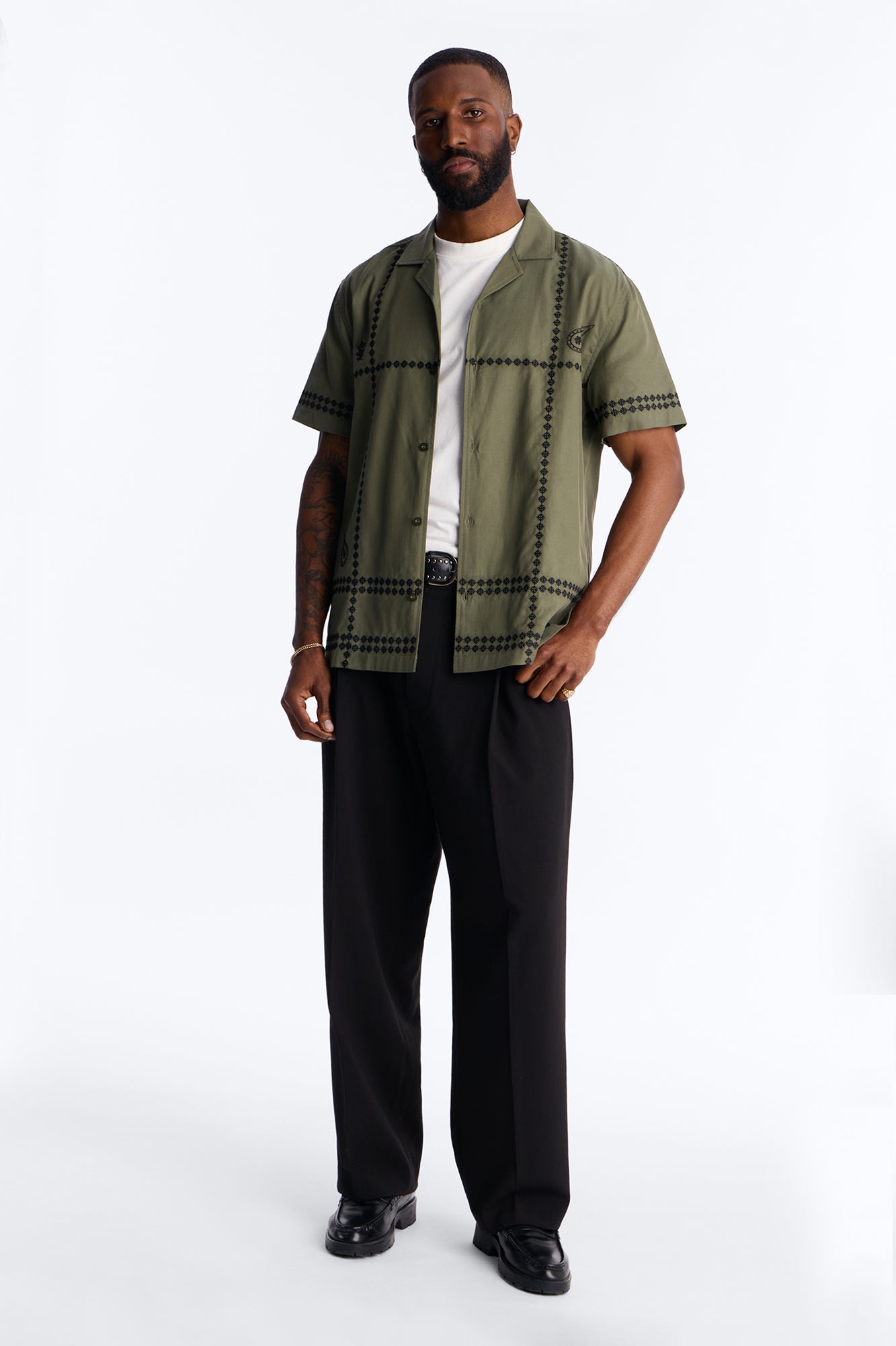 Coastal Embroidered Cuban Collar Button Up Shirt - Olive Fashion Nova