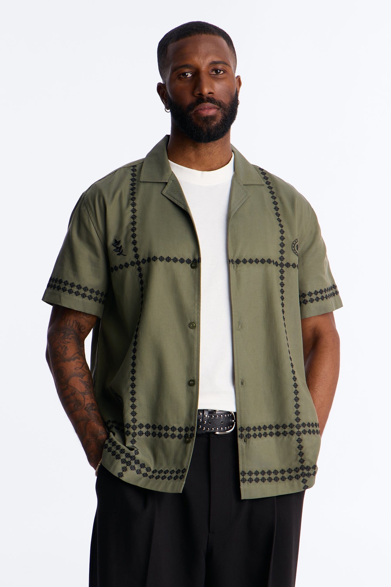 Coastal Embroidered Cuban Collar Button Up Shirt - Olive Fashion Nova