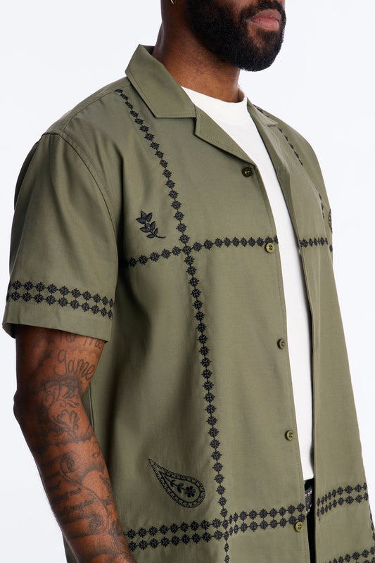 Coastal Embroidered Cuban Collar Button Up Shirt - Olive Fashion Nova