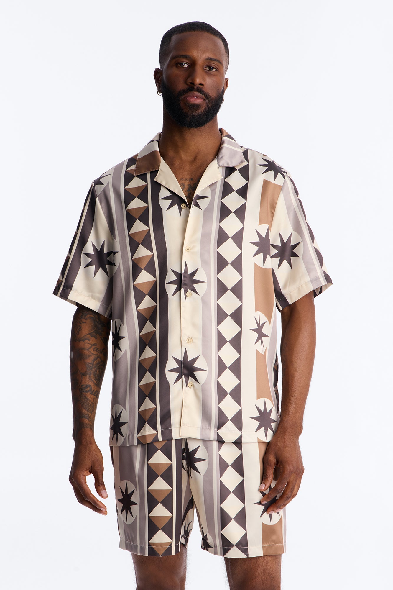 Toscana Geo Cuban Collar Shirt - Tan Fashion Nova