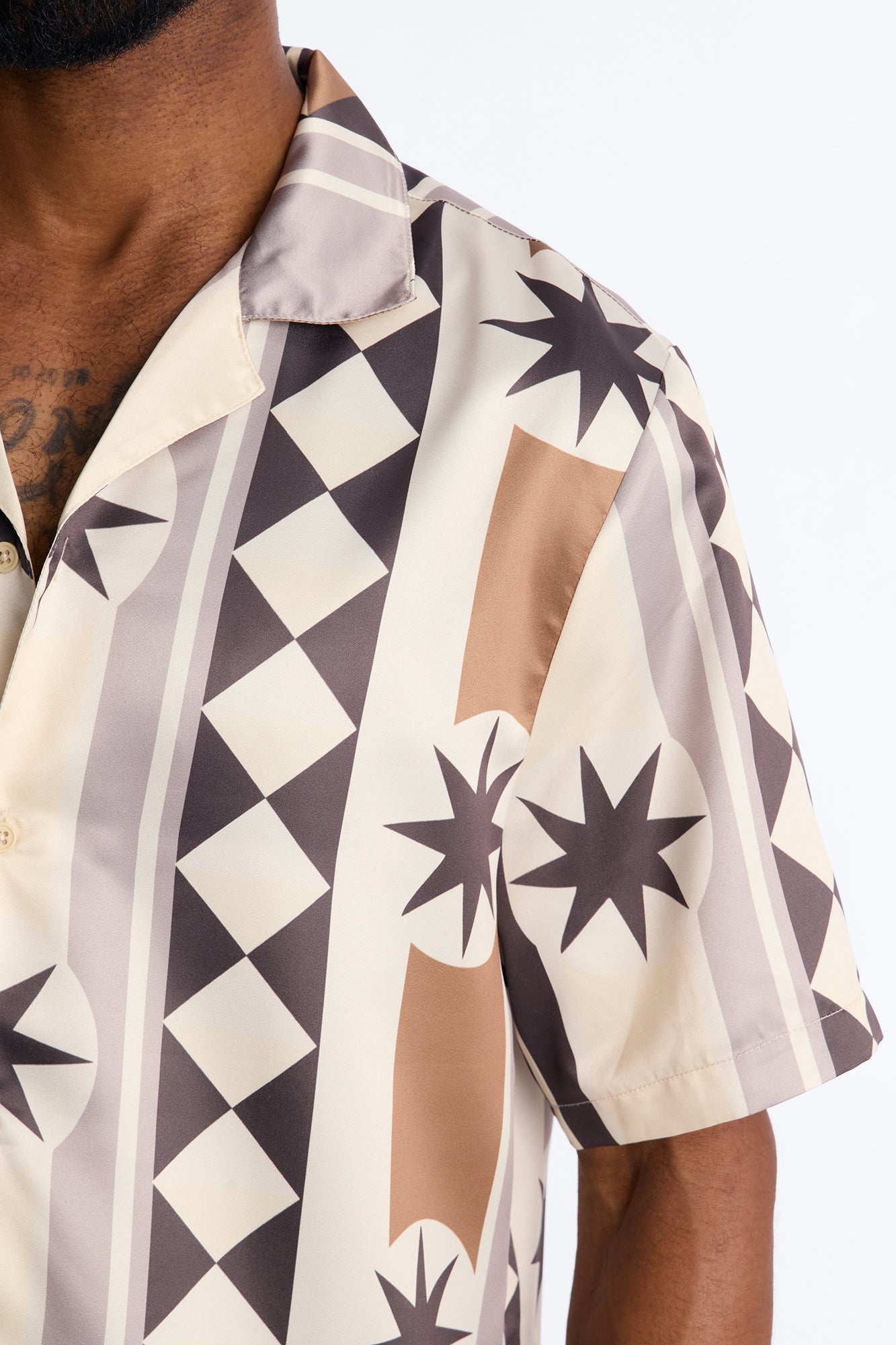 Toscana Geo Cuban Collar Shirt - Tan Fashion Nova