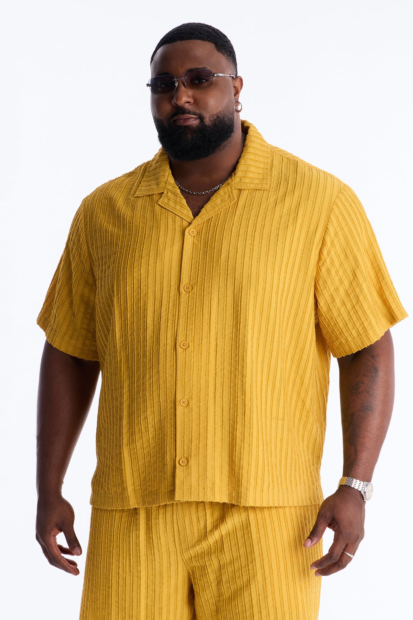 Relaxed Aegean Pleat Cuban Collar Button Up - Mustard Fashion Nova