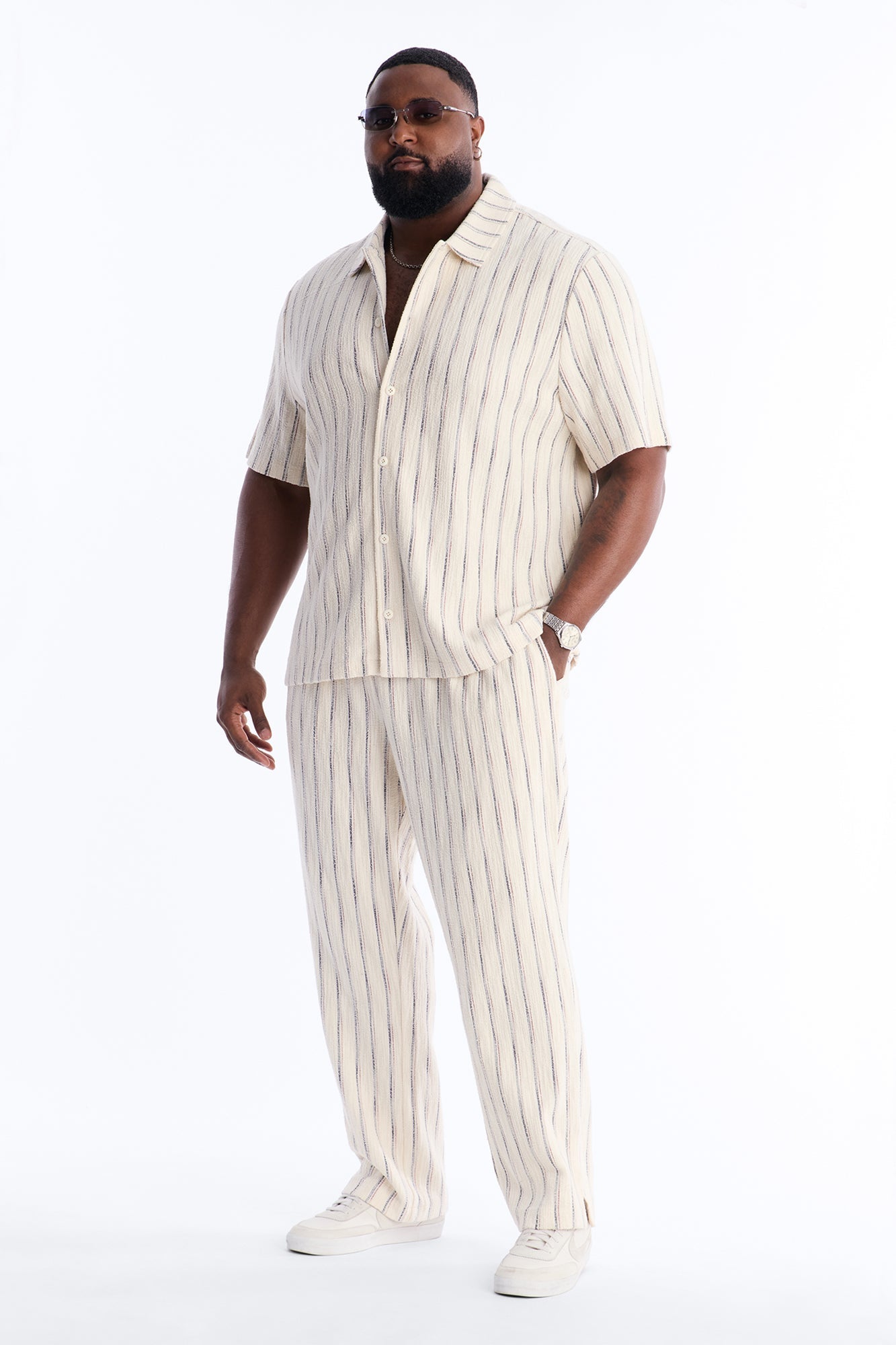Slim Caicos Textured Stripe Slit Pant - Cream Fashion Nova