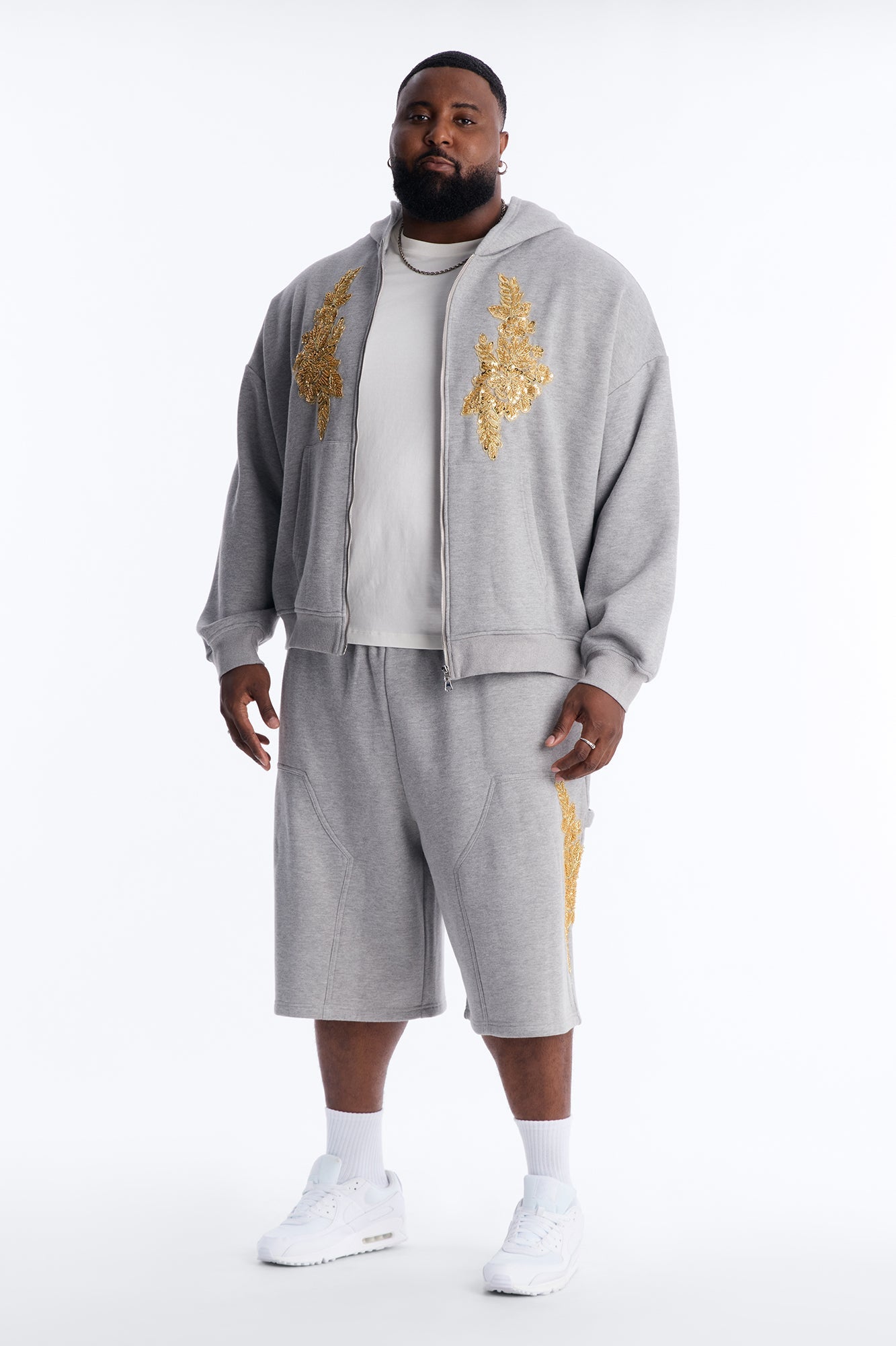 Oversized Rogue Sequin Applique Zip Up Hoodie - Grey Fashion Nova