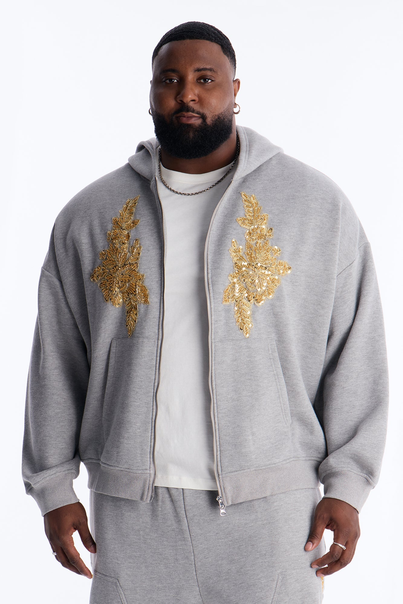 Oversized Rogue Sequin Applique Zip Up Hoodie - Grey Fashion Nova