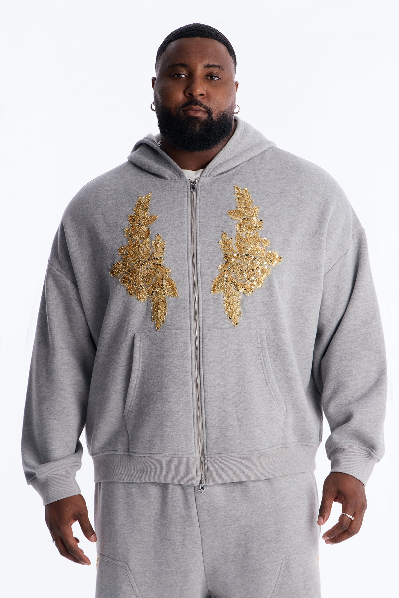 Oversized Rogue Sequin Applique Zip Up Hoodie - Grey Fashion Nova