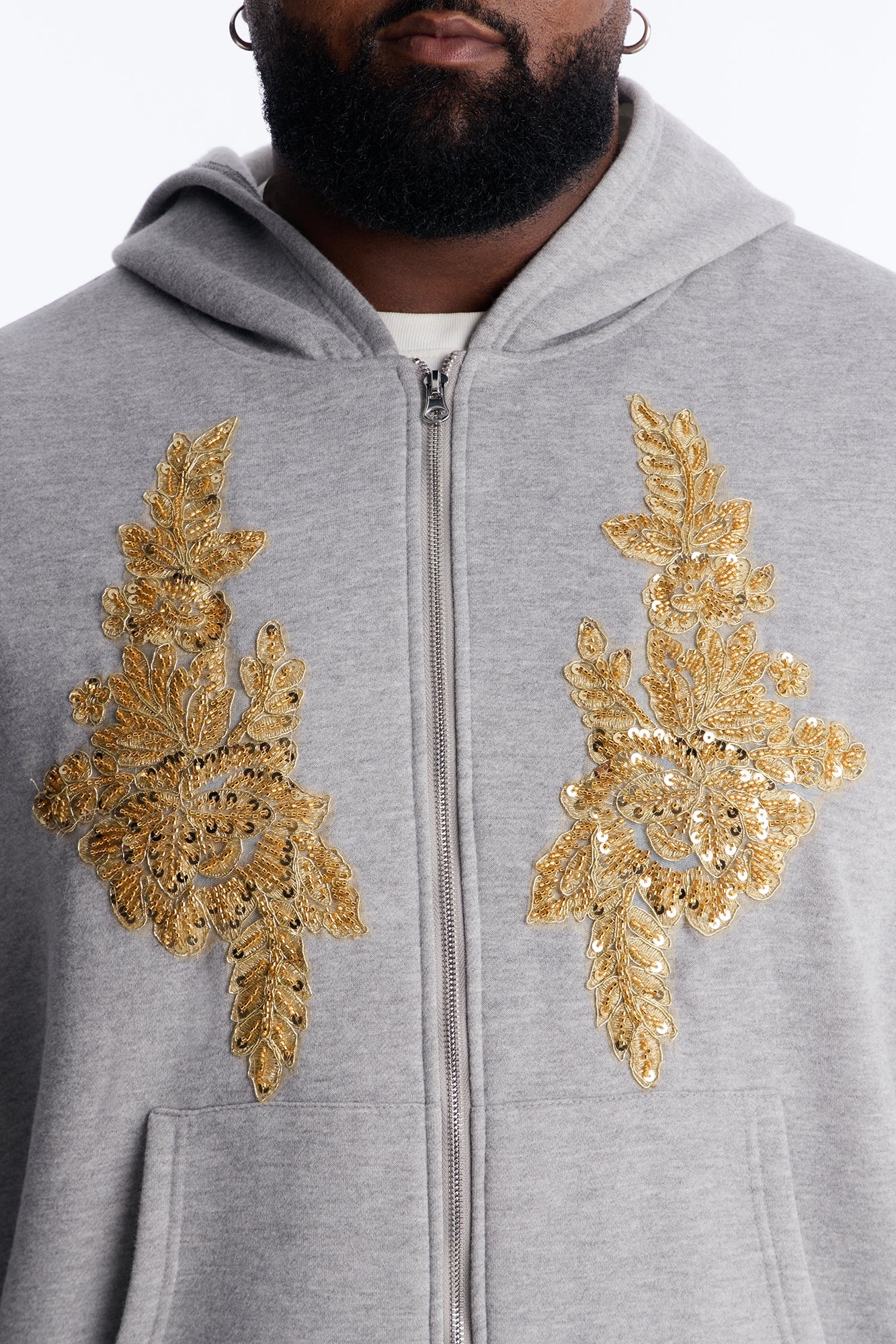 Oversized Rogue Sequin Applique Zip Up Hoodie - Grey Fashion Nova