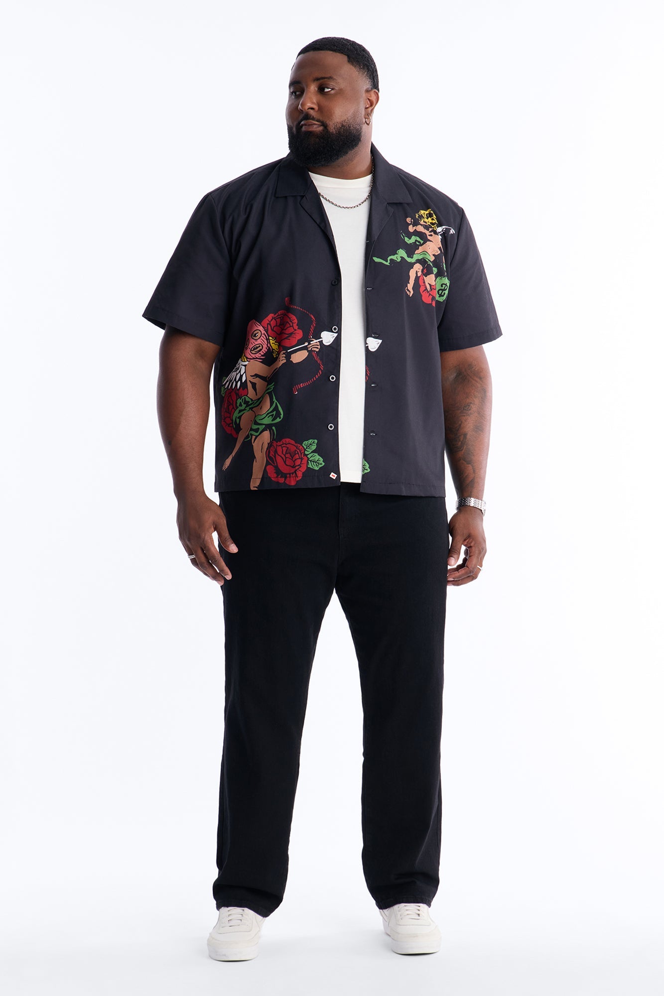 Rose Angel Street Cuban Collar Shirt - Black Fashion Nova