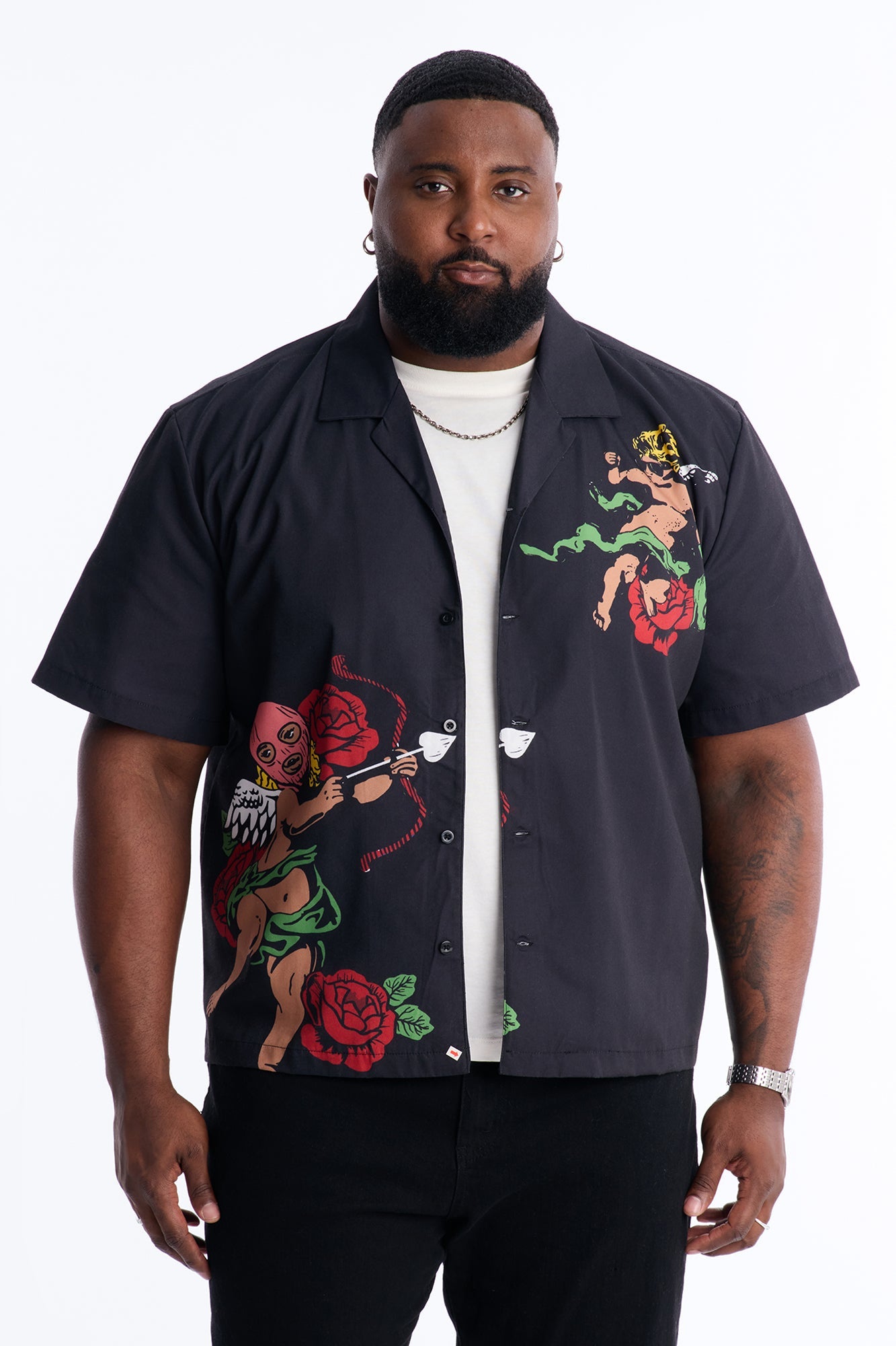 Rose Angel Street Cuban Collar Shirt - Black Fashion Nova
