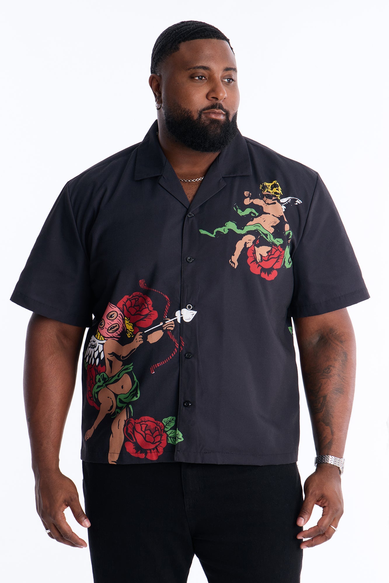 Rose Angel Street Cuban Collar Shirt - Black Fashion Nova