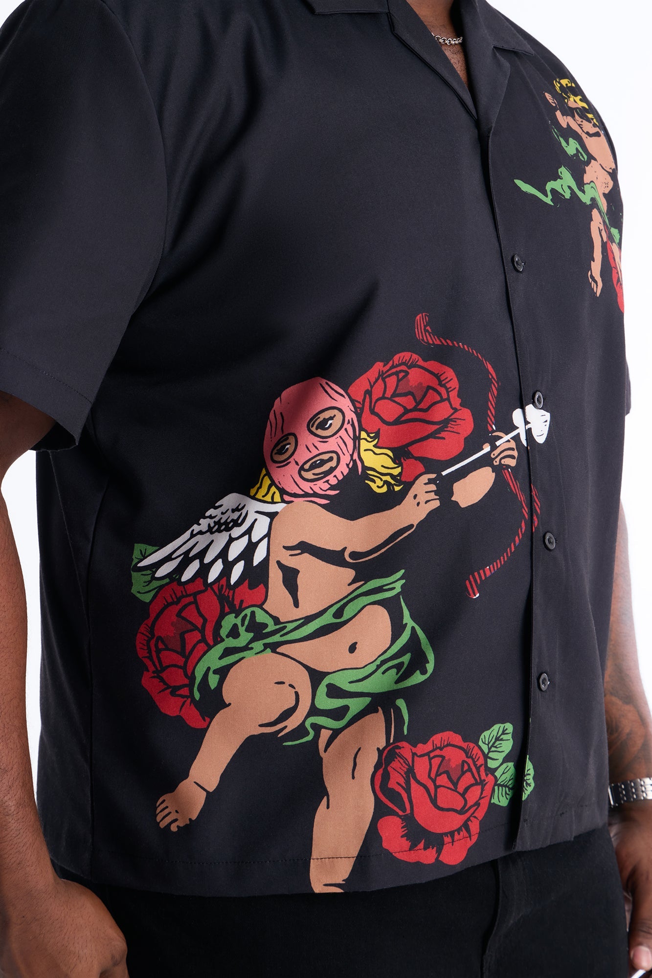 Rose Angel Street Cuban Collar Shirt - Black Fashion Nova