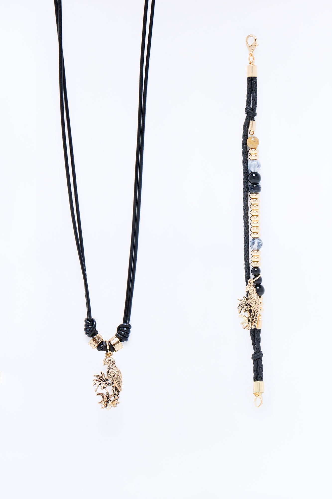 Island Faux Leather Cording Necklace And Bracelet Set - Grey/Gold Fashion Nova