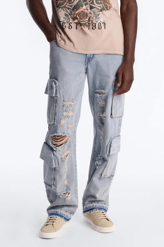 Straight Fractured Cargo Jean - Light Wash Fashion Nova