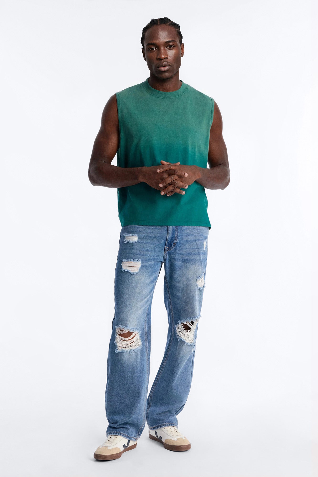Essential Destroyed Straight Rigid Jean - Medium Blue Wash Fashion Nova