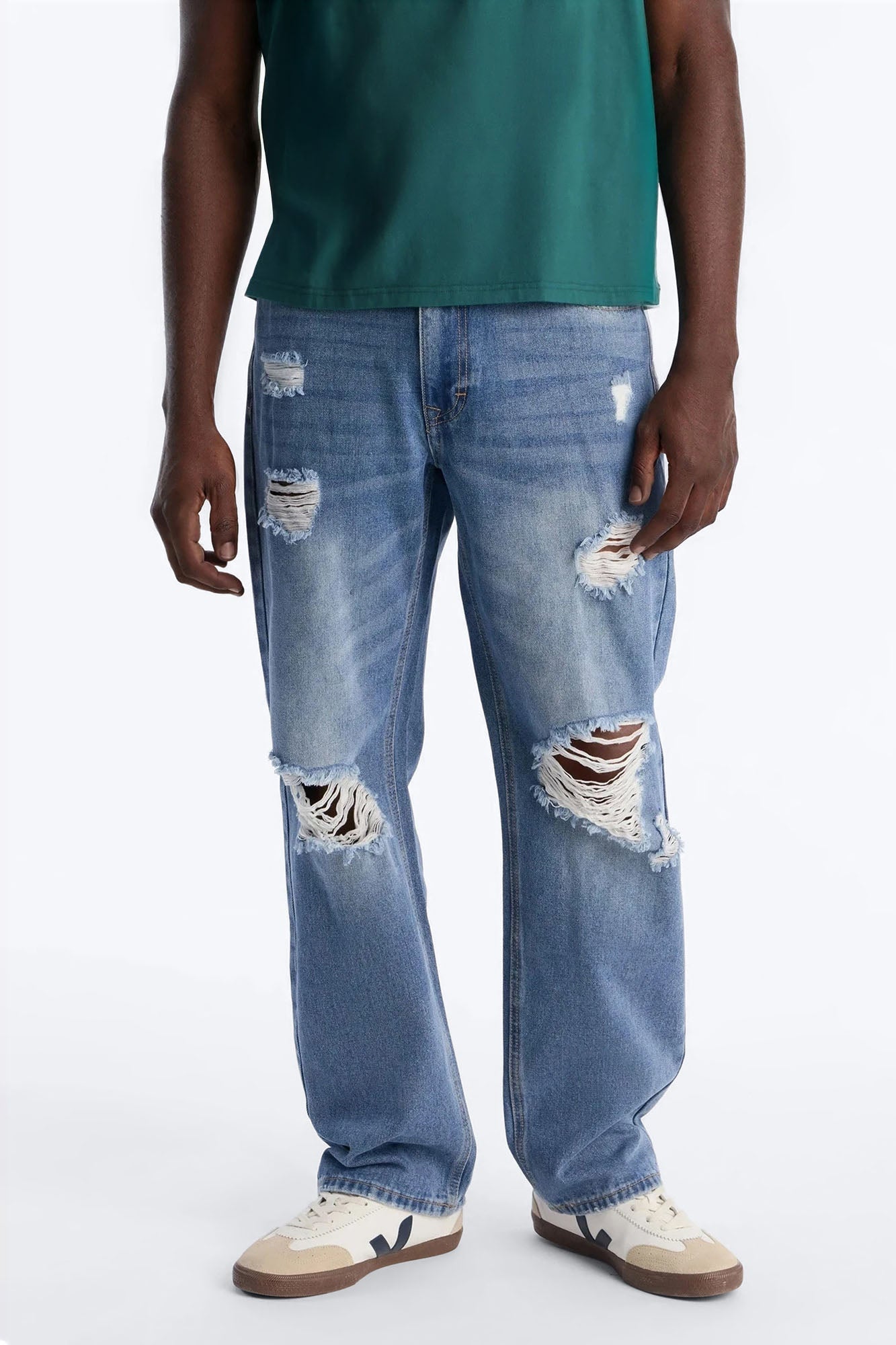 Essential Destroyed Straight Rigid Jean - Medium Blue Wash Fashion Nova