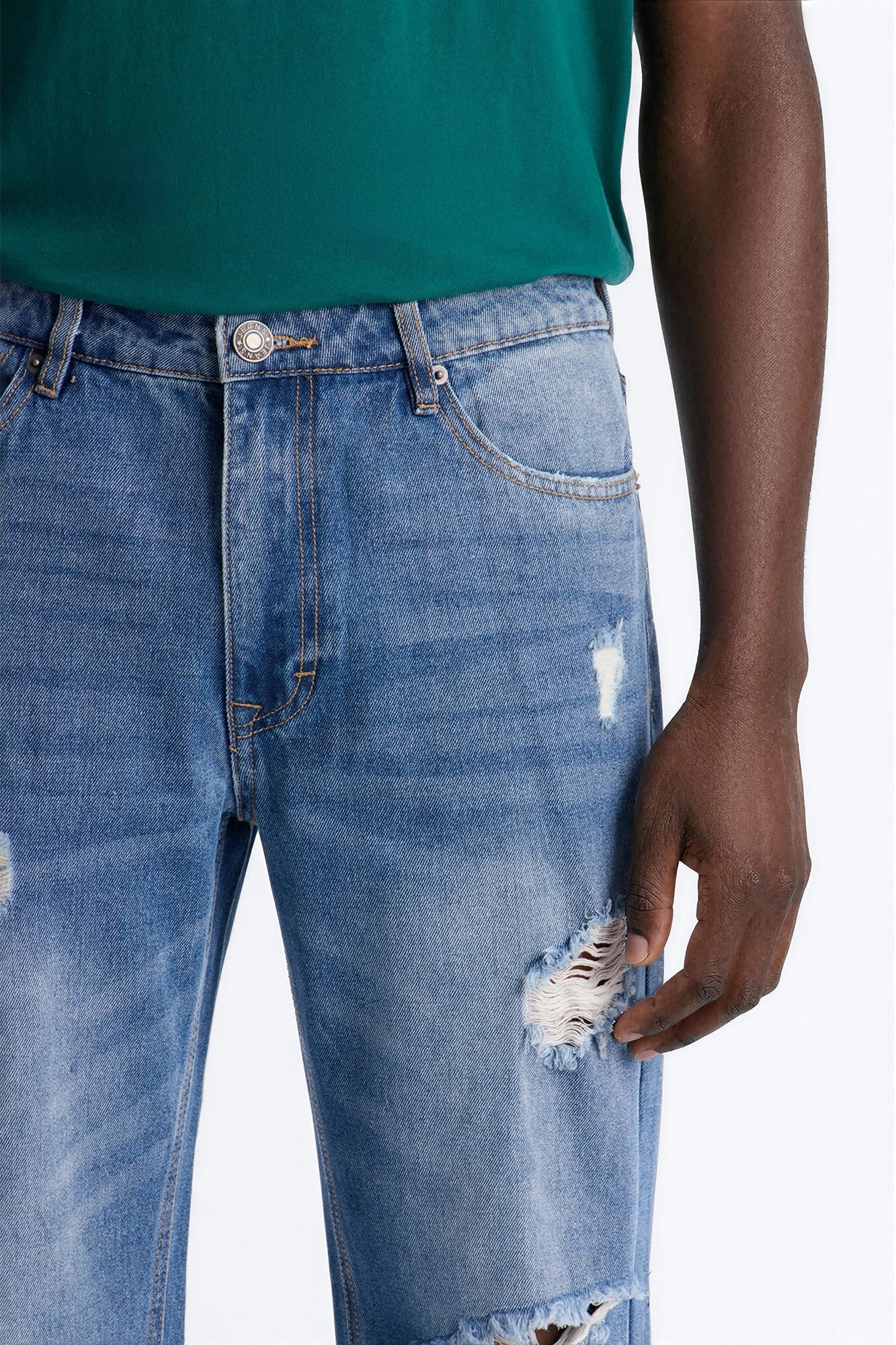 Essential Destroyed Straight Rigid Jean - Medium Blue Wash Fashion Nova