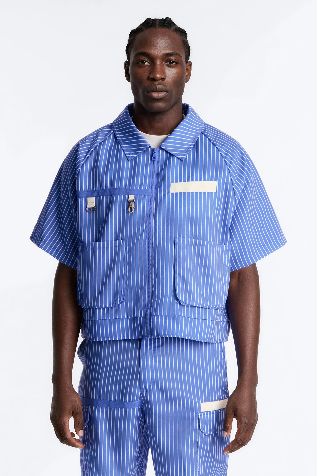 Boxy Cropped Desert Dunes Striped Button Up Shirt - Blue Fashion Nova
