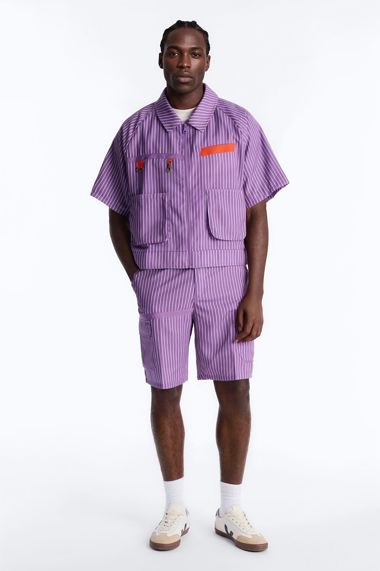 Boxy Cropped Desert Dunes Striped Button Up Shirt - Purple Fashion Nova