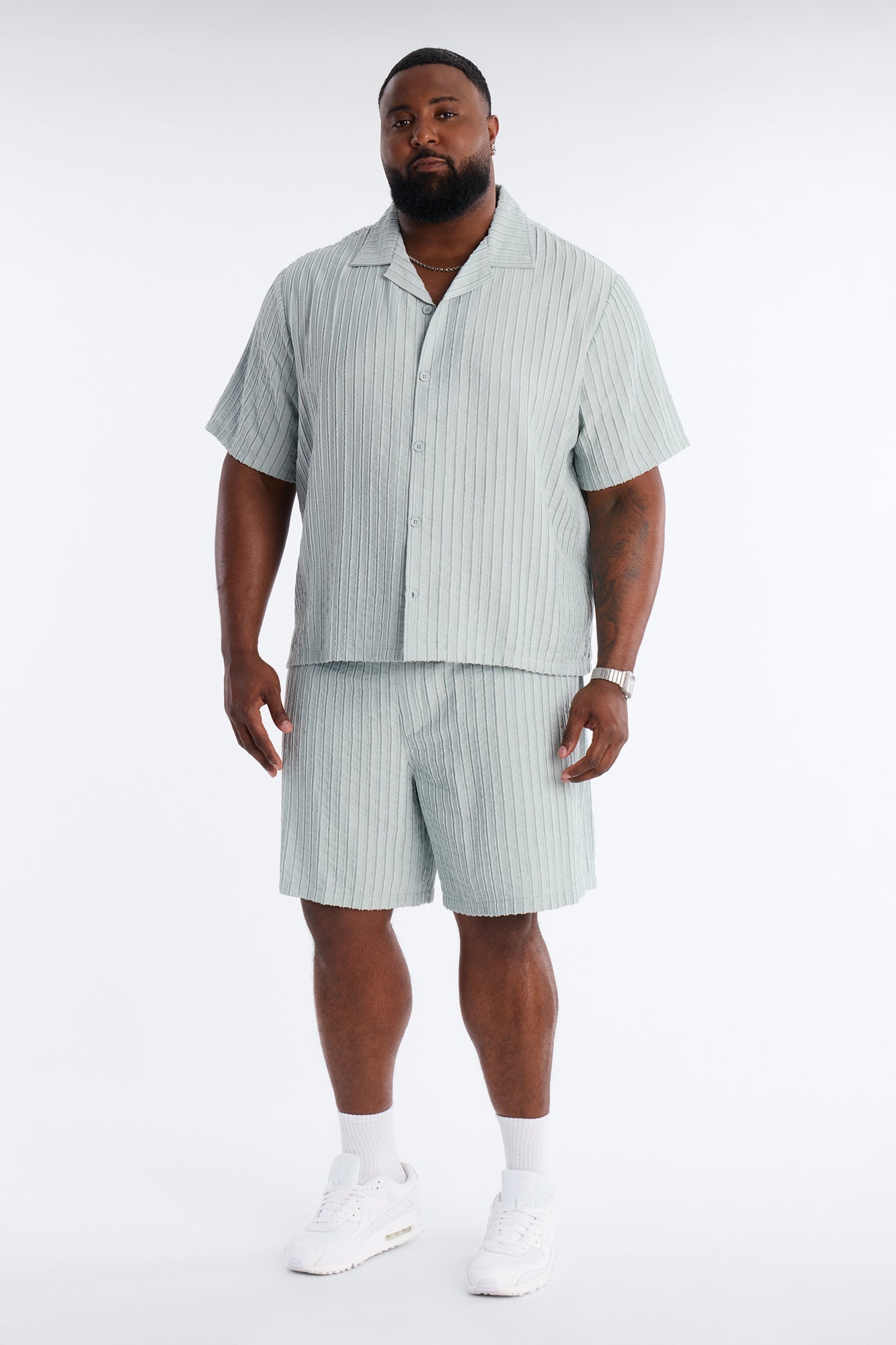 Relaxed Aegean Pleat Cuban Collar Button Up - Sage Fashion Nova