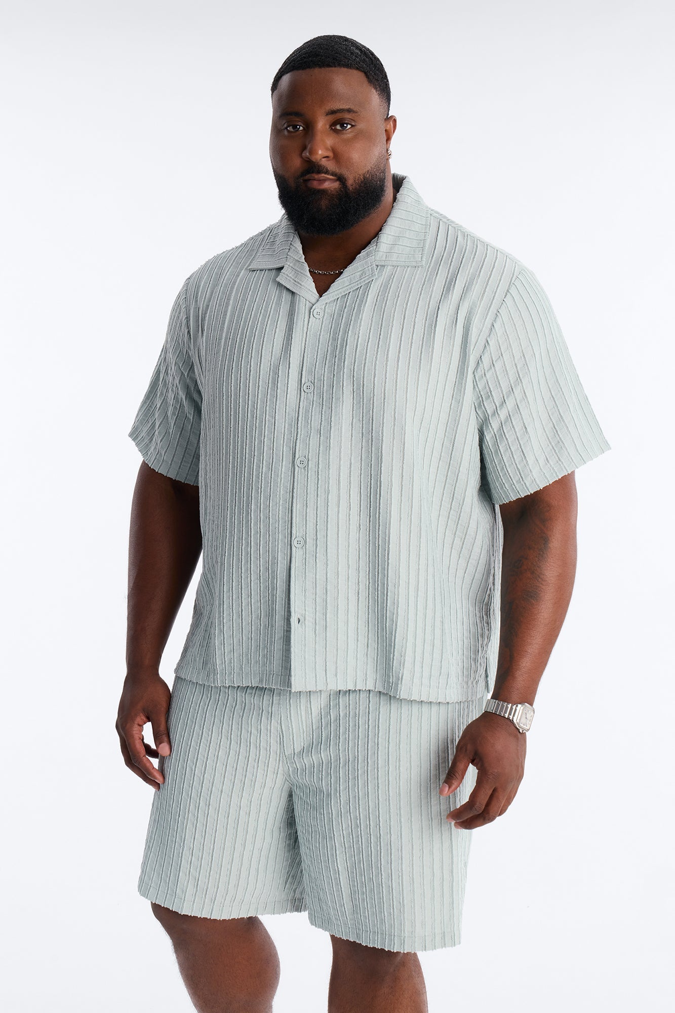 Relaxed Aegean Pleat Cuban Collar Button Up - Sage Fashion Nova