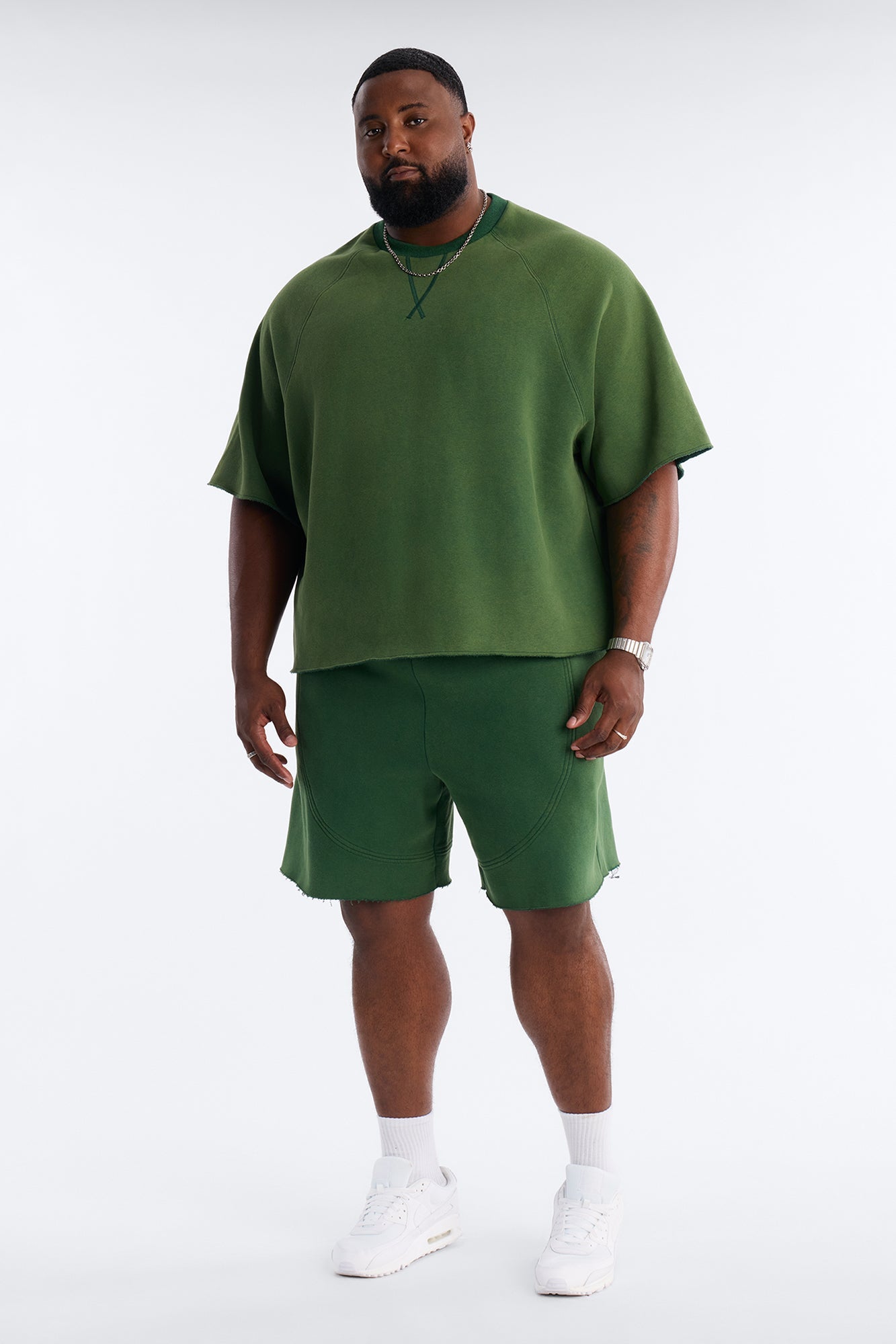 Washed Raw Edge Baggy Sweatshort - Green Fashion Nova