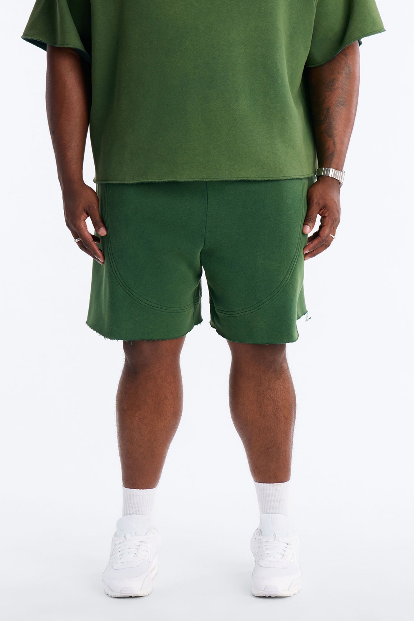 Washed Raw Edge Baggy Sweatshort - Green Fashion Nova