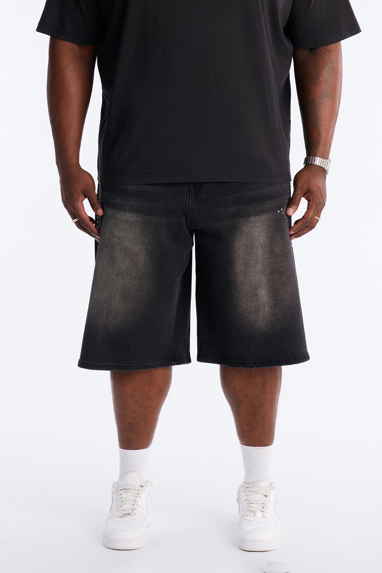 In Denim We Trust Baggy Studded Denim Short - Black Wash Fashion Nova