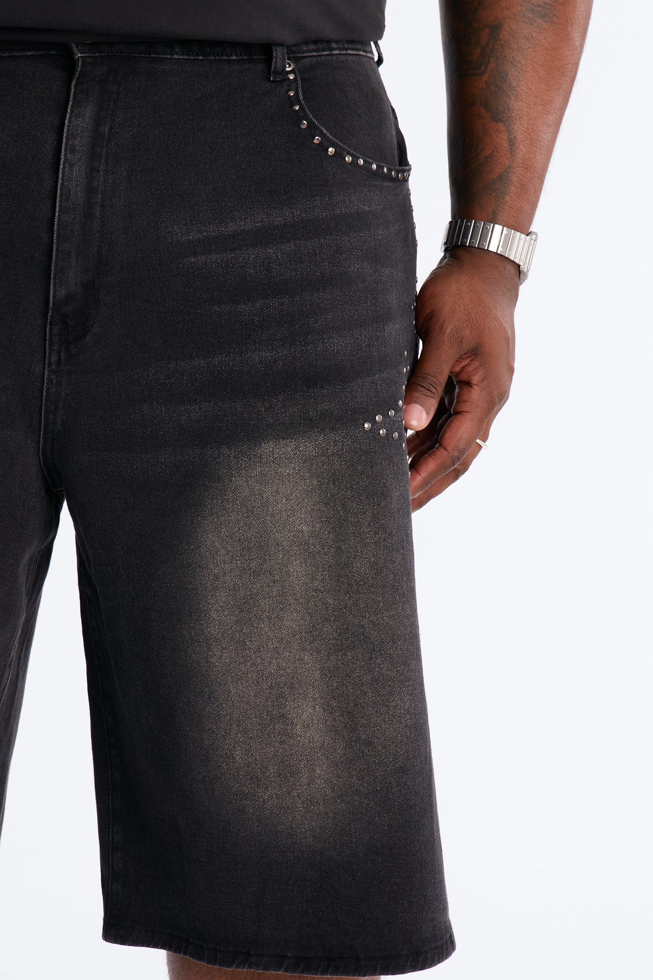 In Denim We Trust Baggy Studded Denim Short - Black Wash Fashion Nova