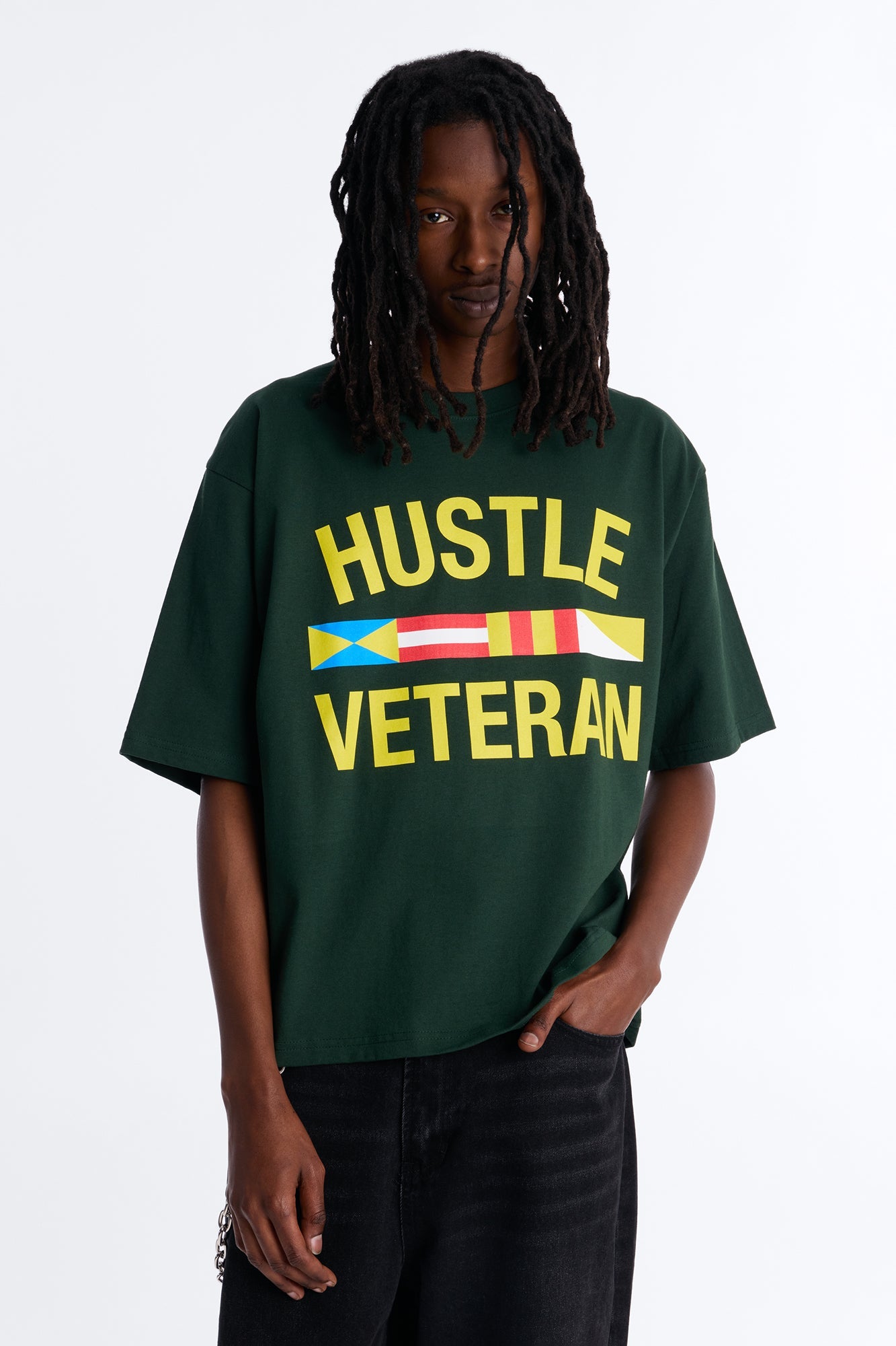 Hustle Veteran Boxy Short Sleeve Tee - Green Fashion Nova