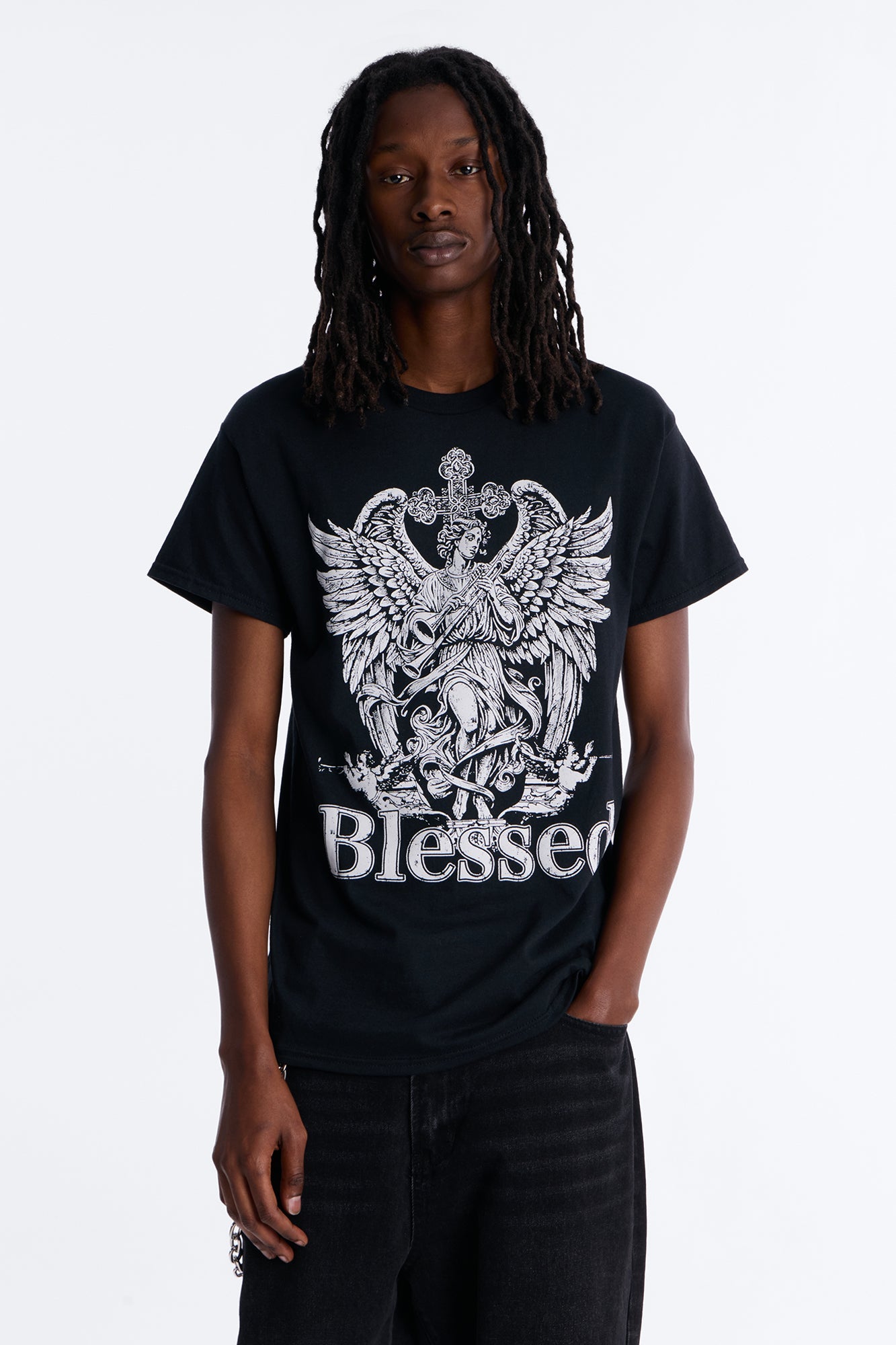 La Familia Blessed Angel Short Sleeve Tee - Black Fashion Nova