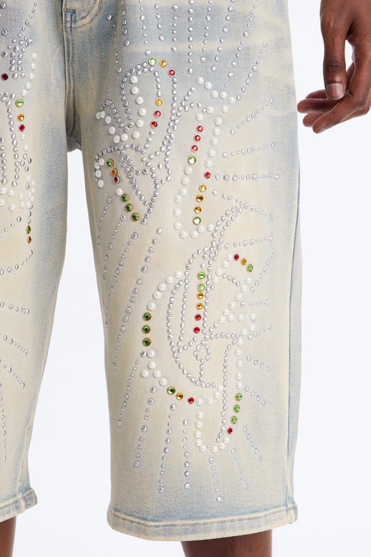 Baggy Urban Jeweled Denim Short - Light Wash Fashion Nova