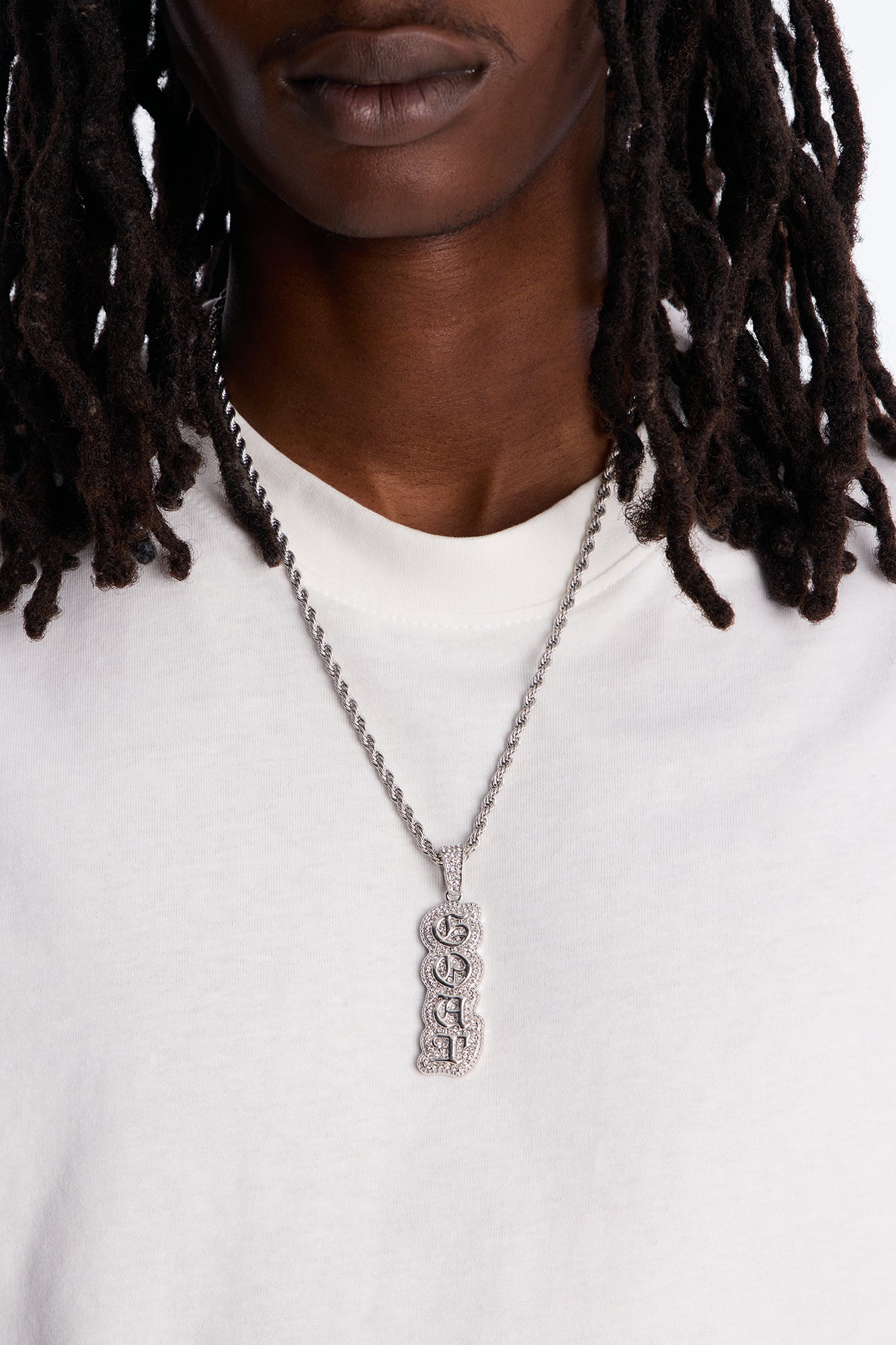 GOAT Script Vertical Iced Pendant Necklace - Silver Fashion Nova