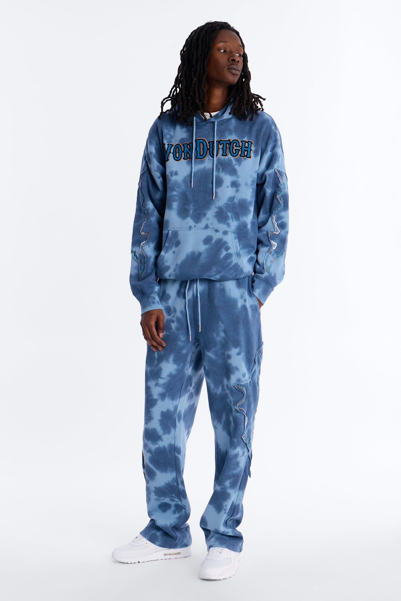Baggy Von Dutch Outlaw Bleach Dyed Raw Edge Sweatpants - Blue Fashion Nova